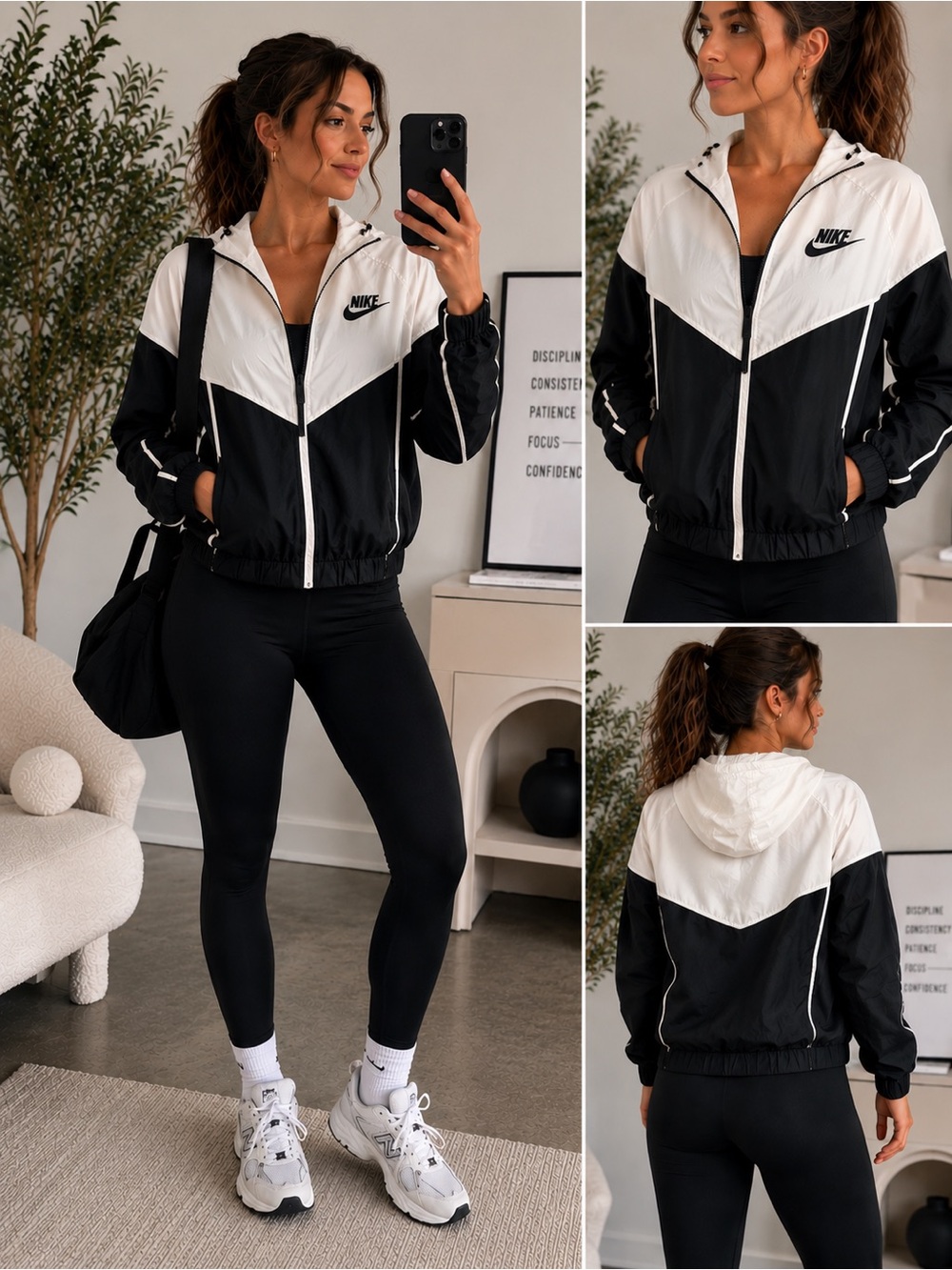 Nike Black White Hooded Windbreaker Jacket Women’s Medium Retro Athleisure